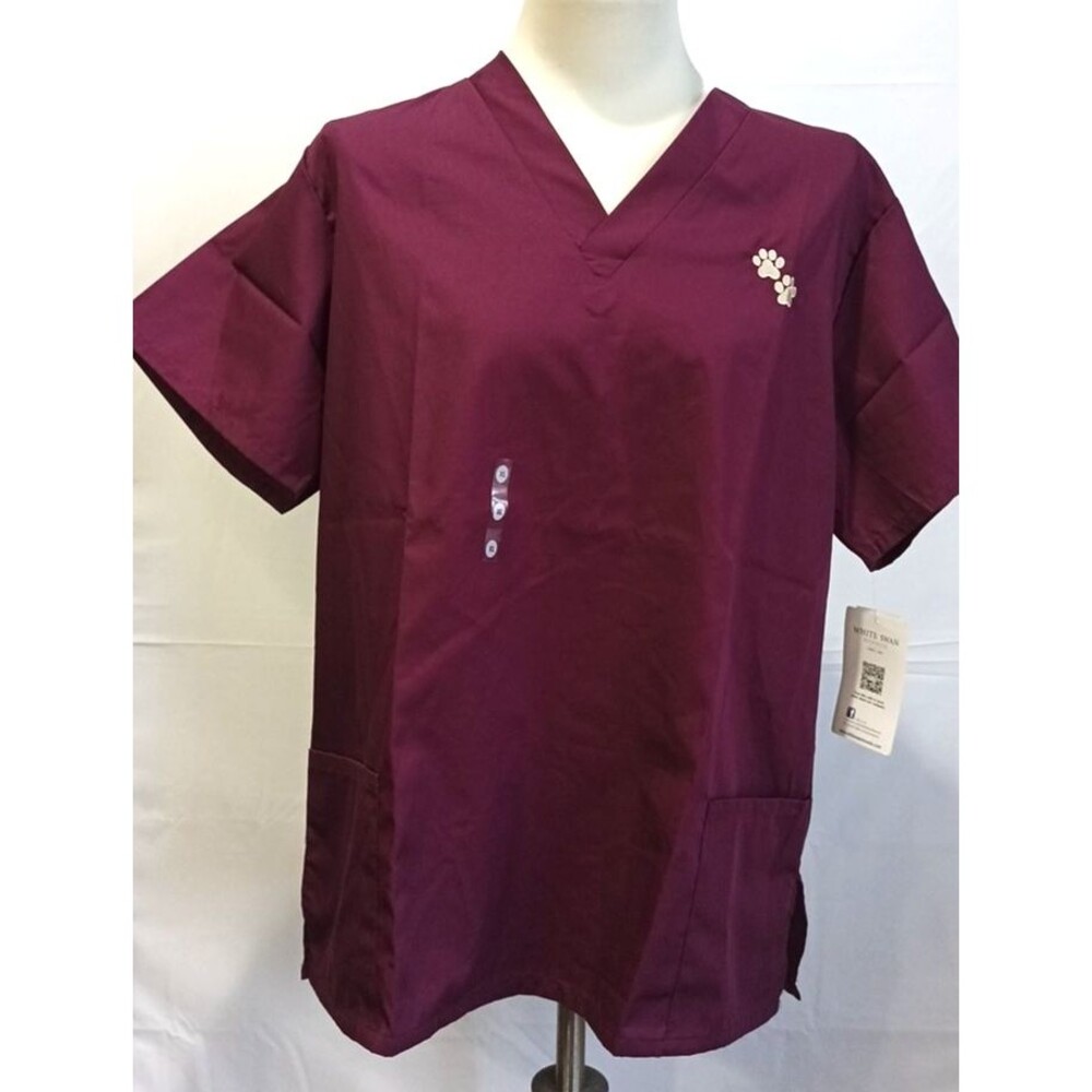 Fundamentals by White Swan Womens Maroon Scrub Top Embroidered Paw Print XL